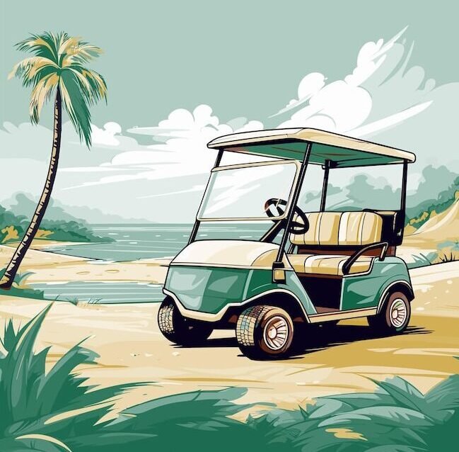 Tropical beach golf cart illustration | JOY RIDE